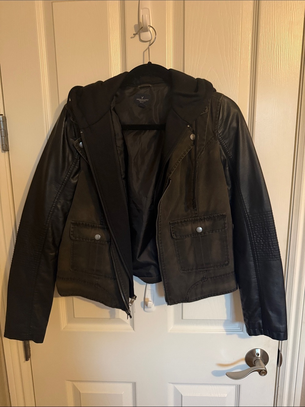 American Eagle Outfitters Black Faux Leather Hooded Jacket with Panel Details